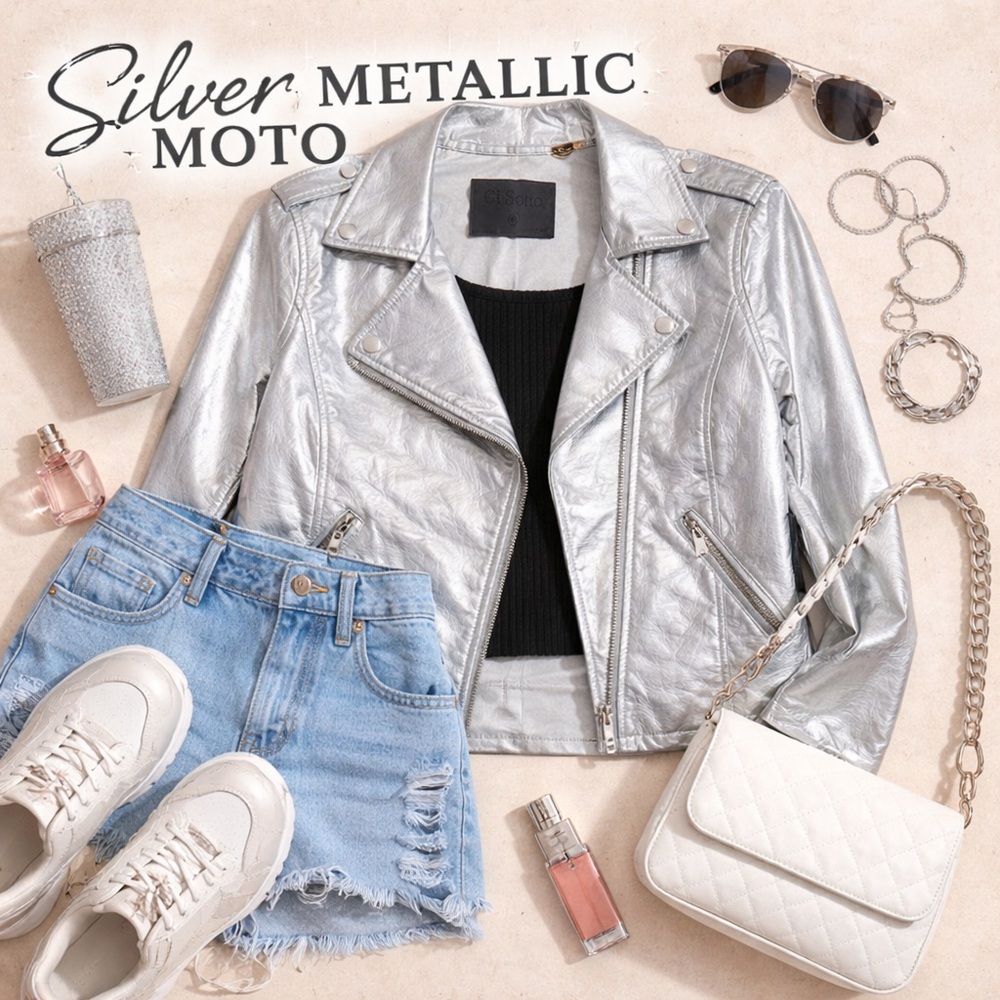 Ci Sono Silver Metallic Moto Jacket ✨ NWT Vegan Leather Biker (M) - Picture 3 of 13